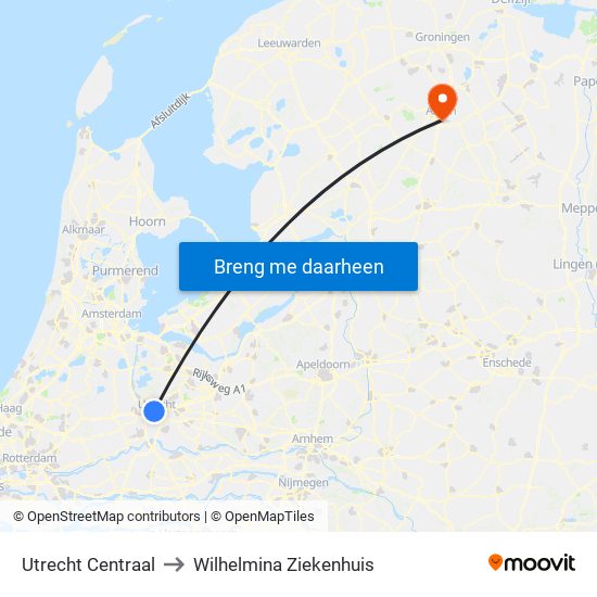 Utrecht Centraal to Wilhelmina Ziekenhuis map