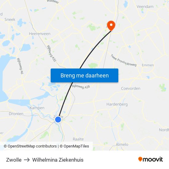 Zwolle to Wilhelmina Ziekenhuis map