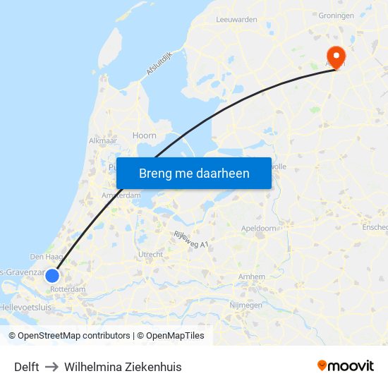 Delft to Wilhelmina Ziekenhuis map