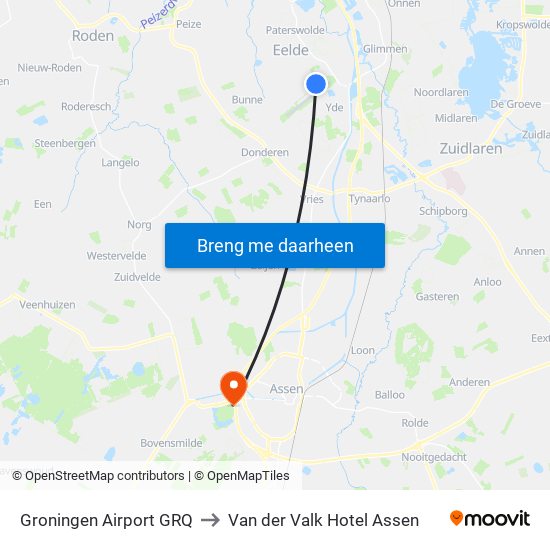 Groningen Airport GRQ to Van der Valk Hotel Assen map