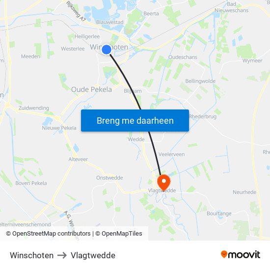 Winschoten to Vlagtwedde map