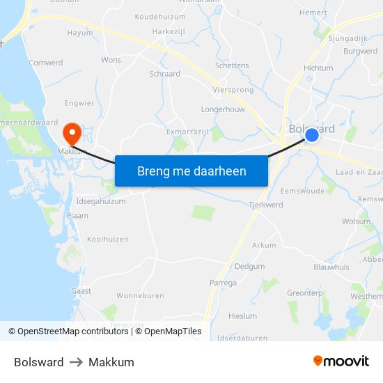 Bolsward to Makkum map