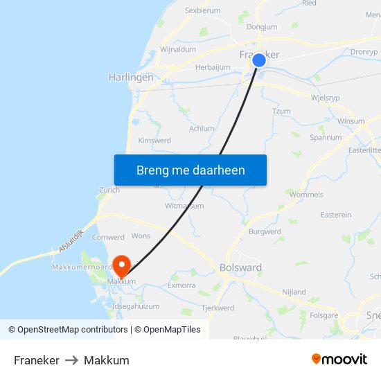Franeker to Makkum map