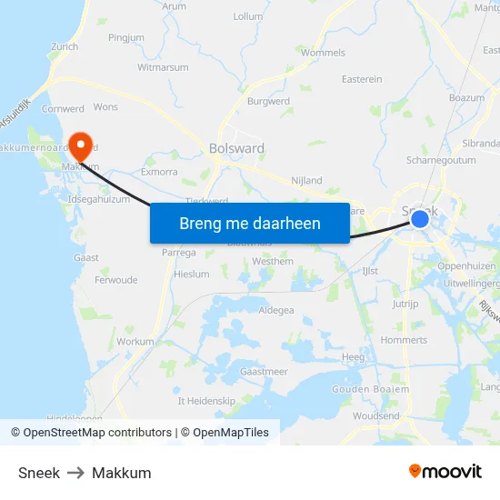 Sneek to Makkum map