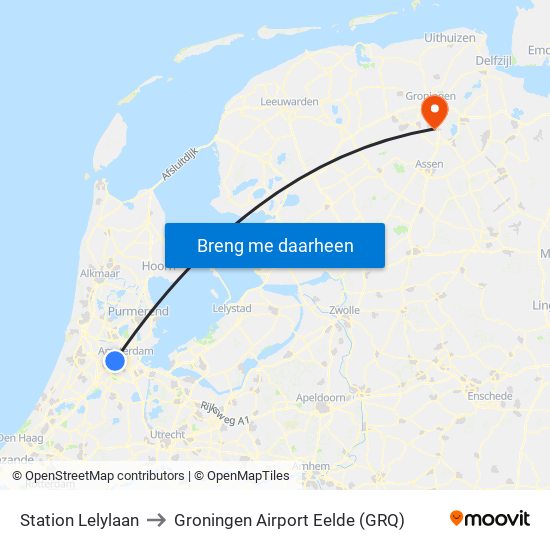 Station Lelylaan to Groningen Airport Eelde (GRQ) map