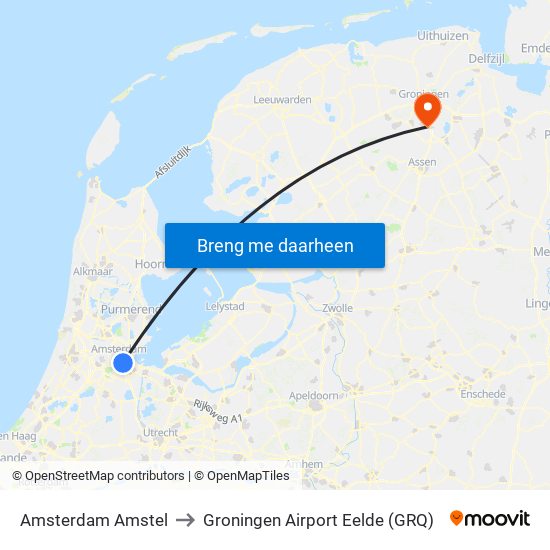 Amsterdam Amstel to Groningen Airport Eelde (GRQ) map