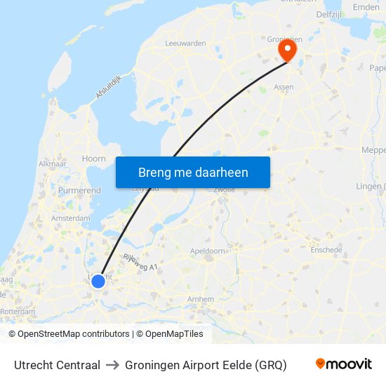 Utrecht Centraal to Groningen Airport Eelde (GRQ) map