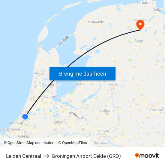 Leiden Centraal to Groningen Airport Eelde (GRQ) map
