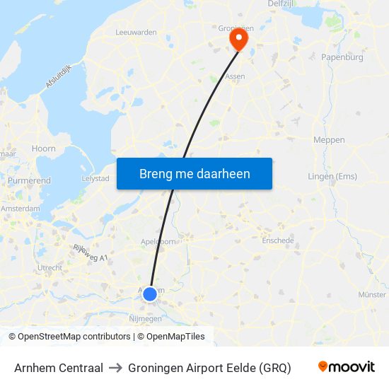 Arnhem Centraal to Groningen Airport Eelde (GRQ) map