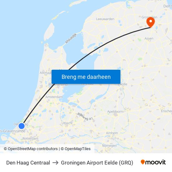 Den Haag Centraal to Groningen Airport Eelde (GRQ) map