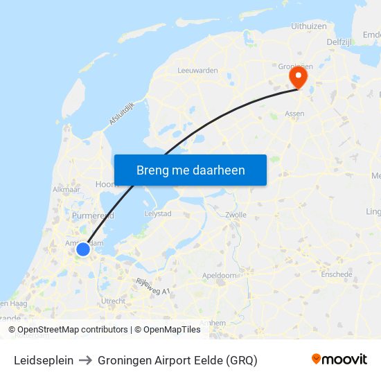 Leidseplein to Groningen Airport Eelde (GRQ) map
