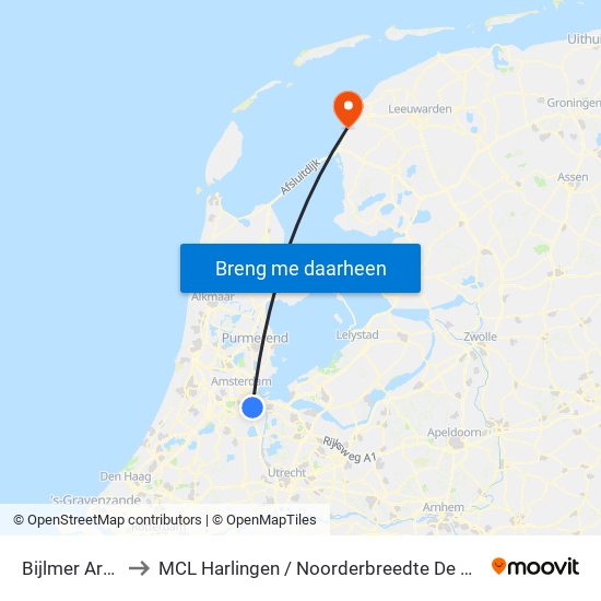 Bijlmer Arena to MCL Harlingen / Noorderbreedte De Batting map