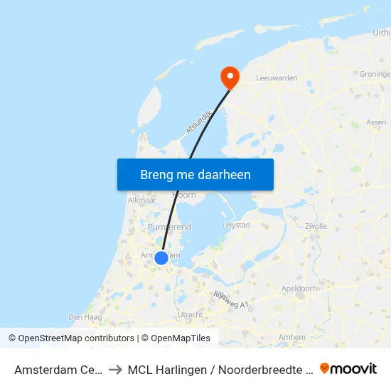 Amsterdam Centraal to MCL Harlingen / Noorderbreedte De Batting map