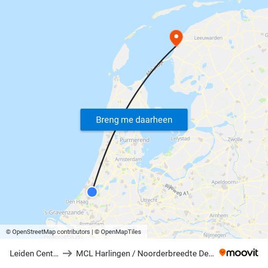 Leiden Centraal to MCL Harlingen / Noorderbreedte De Batting map
