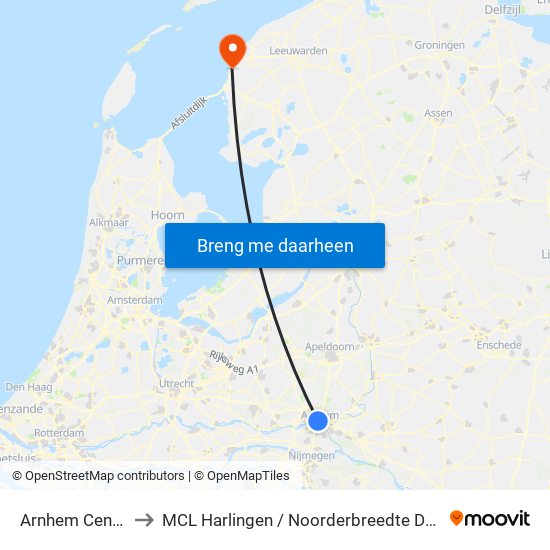 Arnhem Centraal to MCL Harlingen / Noorderbreedte De Batting map