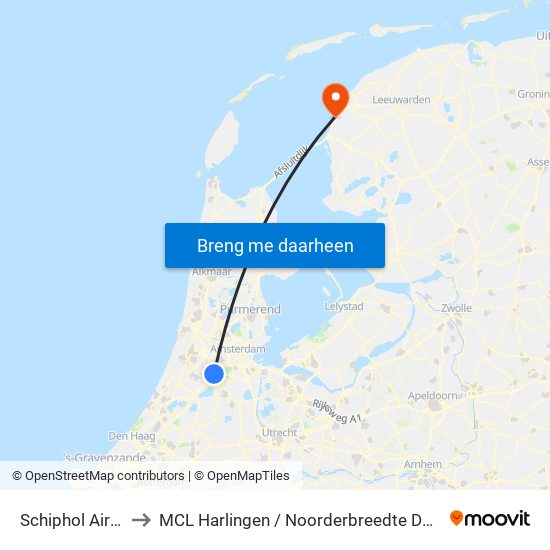 Schiphol Airport to MCL Harlingen / Noorderbreedte De Batting map