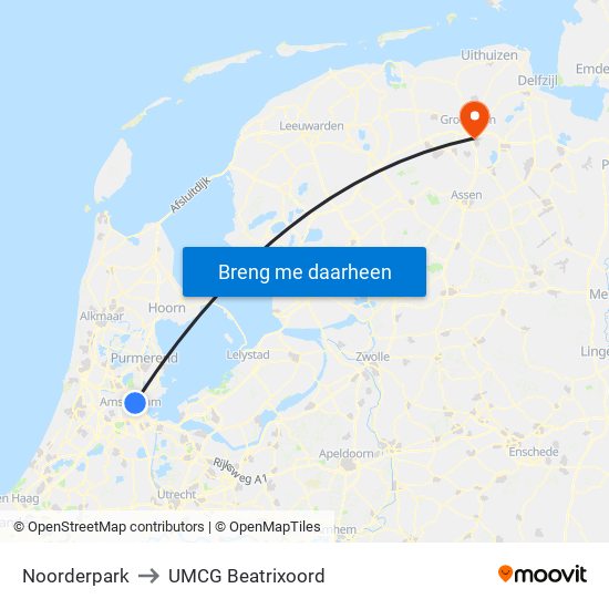 Noorderpark to UMCG Beatrixoord map