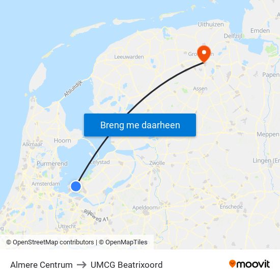 Almere Centrum to UMCG Beatrixoord map