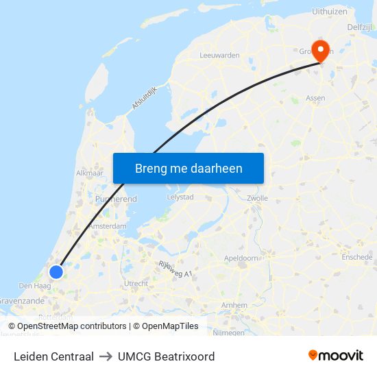 Leiden Centraal to UMCG Beatrixoord map