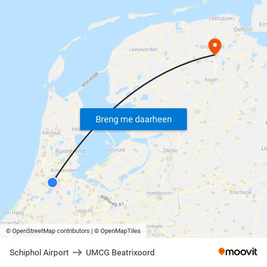 Schiphol Airport to UMCG Beatrixoord map