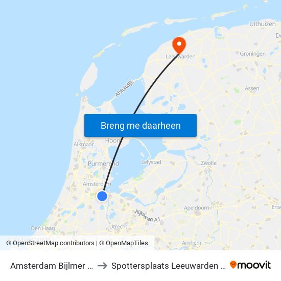 Amsterdam Bijlmer Arena to Spottersplaats Leeuwarden RWY24 map