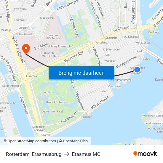 Rotterdam, Erasmusbrug to Erasmus MC map