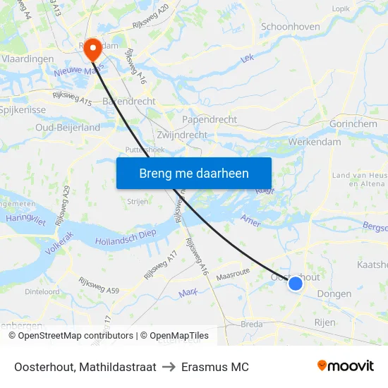 Oosterhout, Mathildastraat to Erasmus MC map