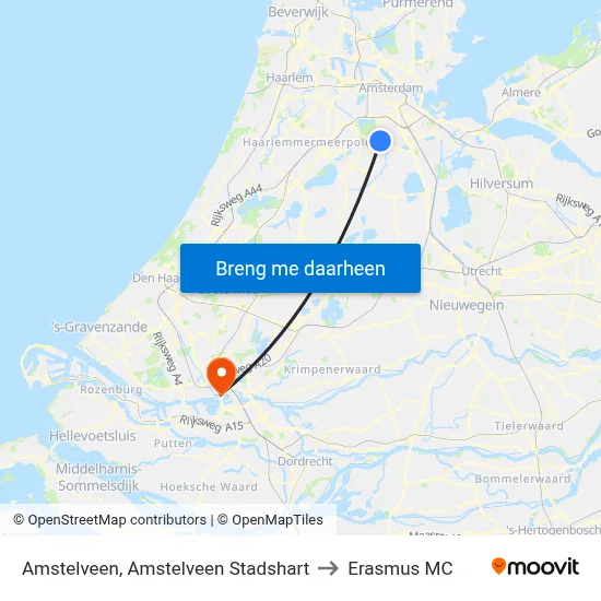 Amstelveen, Amstelveen Stadshart to Erasmus MC map