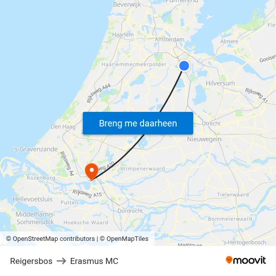 Reigersbos to Erasmus MC map