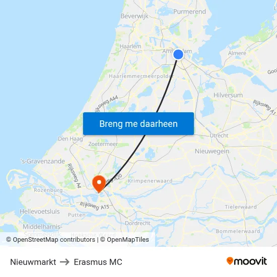 Nieuwmarkt to Erasmus MC map