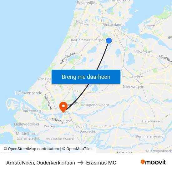 Amstelveen, Ouderkerkerlaan to Erasmus MC map