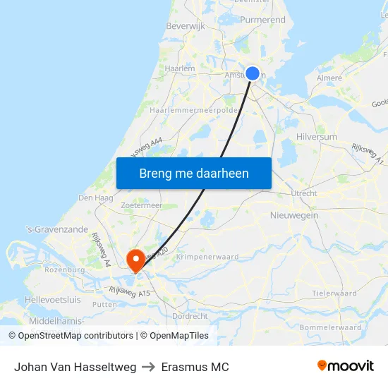 Johan Van Hasseltweg to Erasmus MC map