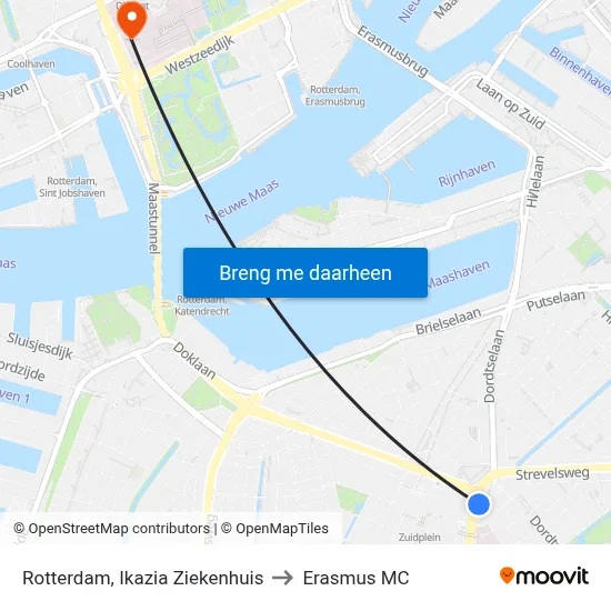Rotterdam, Ikazia Ziekenhuis to Erasmus MC map