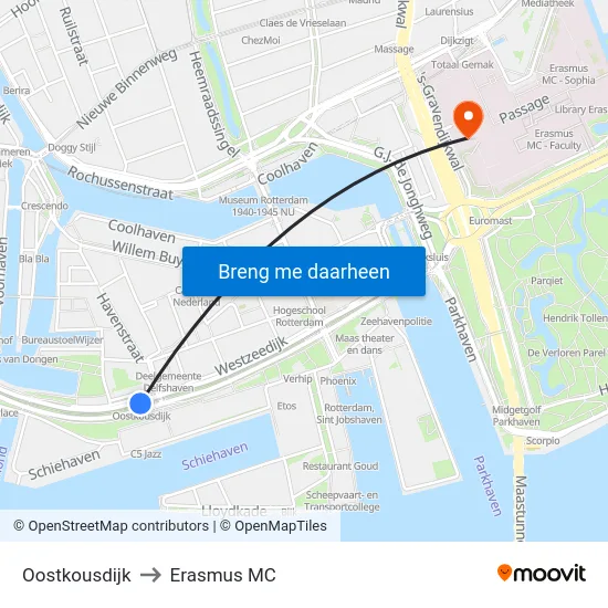 Oostkousdijk to Erasmus MC map