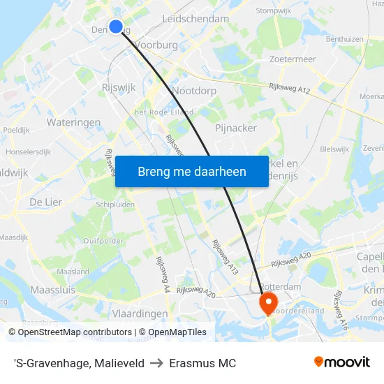 'S-Gravenhage, Malieveld to Erasmus MC map
