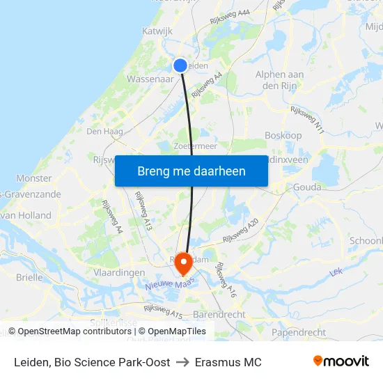 Leiden, Bio Science Park-Oost to Erasmus MC map