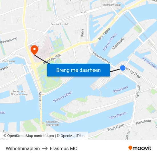 Wilhelminaplein to Erasmus MC map