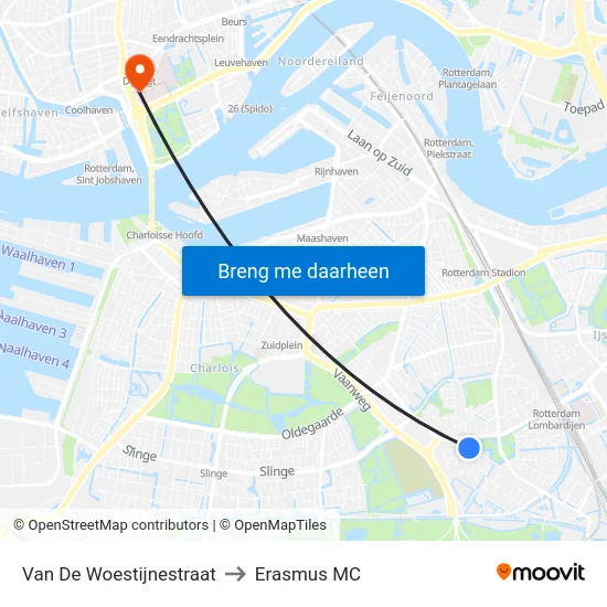 Van De Woestijnestraat to Erasmus MC map
