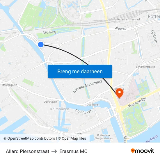Allard Piersonstraat to Erasmus MC map