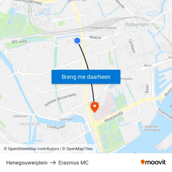 Henegouwerplein to Erasmus MC map