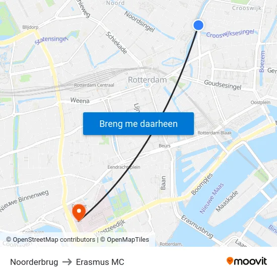 Noorderbrug to Erasmus MC map