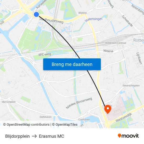 Blijdorpplein to Erasmus MC map