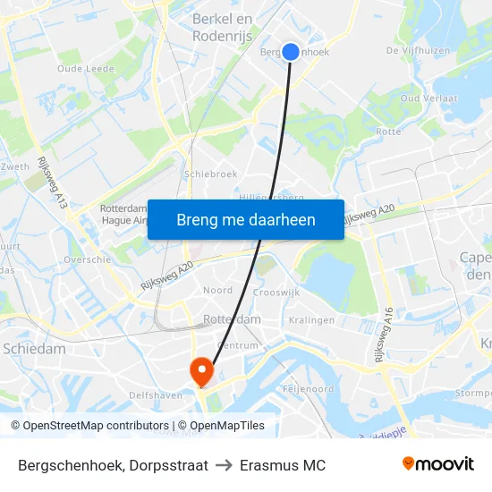 Bergschenhoek, Dorpsstraat to Erasmus MC map