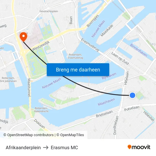 Afrikaanderplein to Erasmus MC map