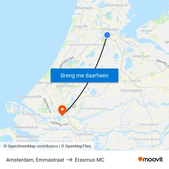 Amsterdam, Emmastraat to Erasmus MC map