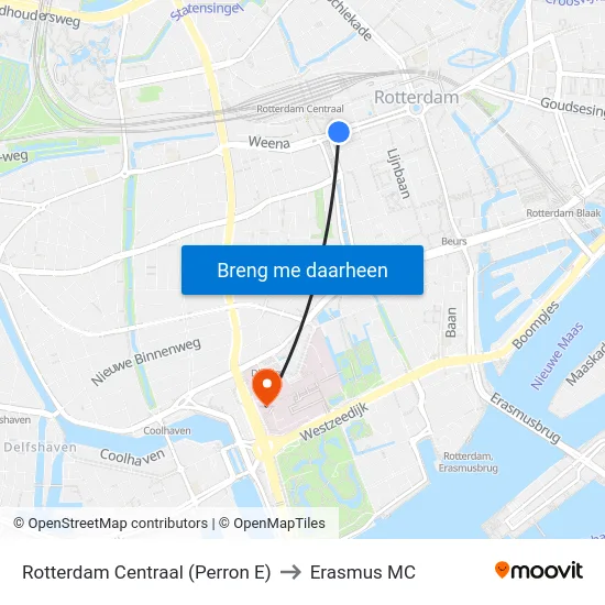 Rotterdam Centraal (Perron E) to Erasmus MC map
