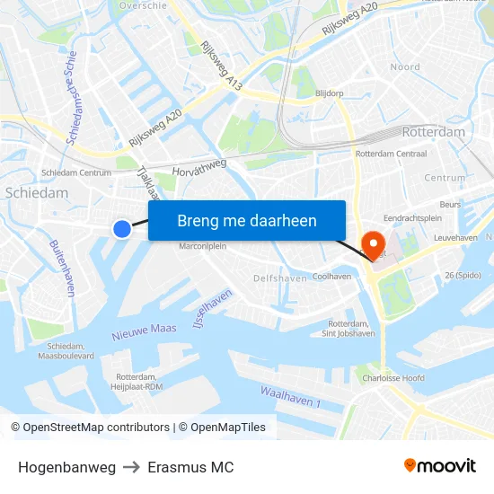 Hogenbanweg to Erasmus MC map