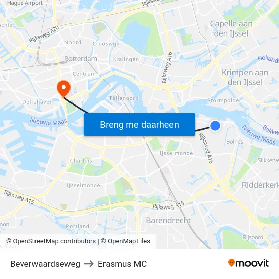 Beverwaardseweg to Erasmus MC map