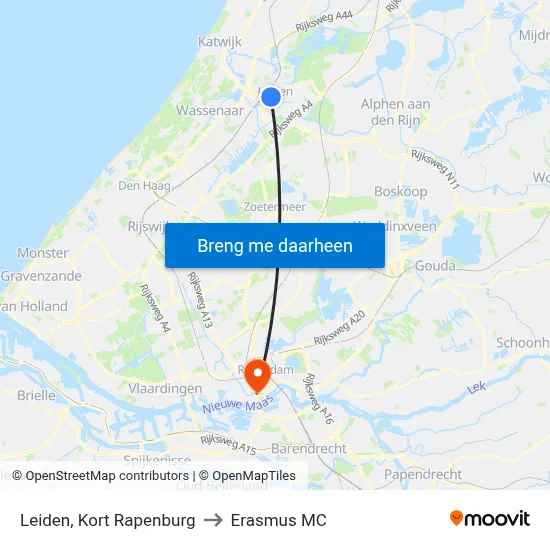 Leiden, Kort Rapenburg to Erasmus MC map