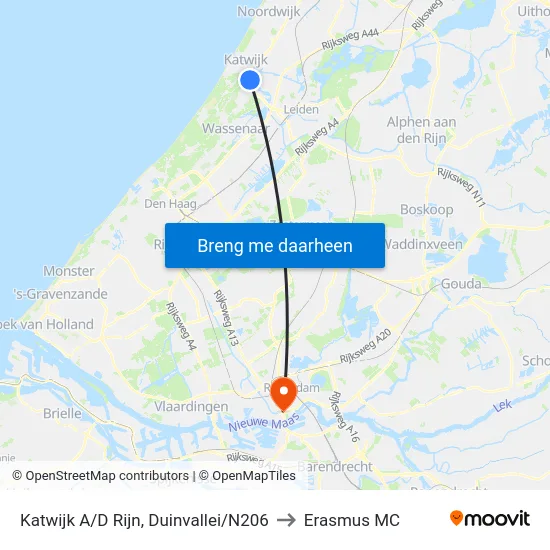 Katwijk A/D Rijn, Duinvallei/N206 to Erasmus MC map